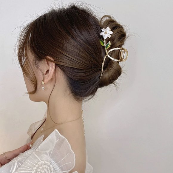 NEW Gold Metal White Lily Green Leaves Hair Claw - Picture 3 of 10